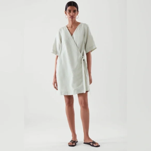 COS MINI WRAP DRESS IN DUSTY LIGHT GREEN - Picture 2 of 15